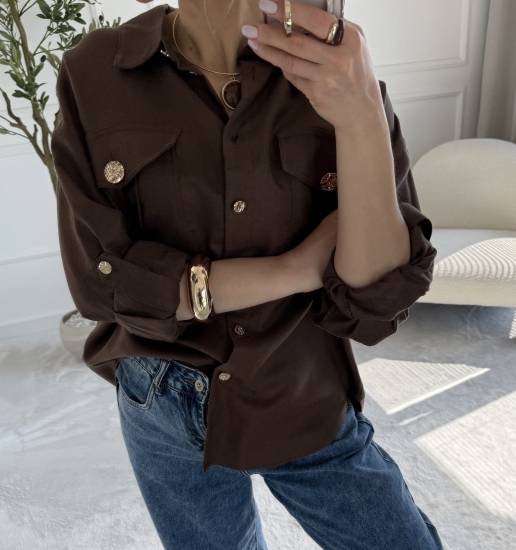 Koszula damska PREMIUM czekolada — tencel i len