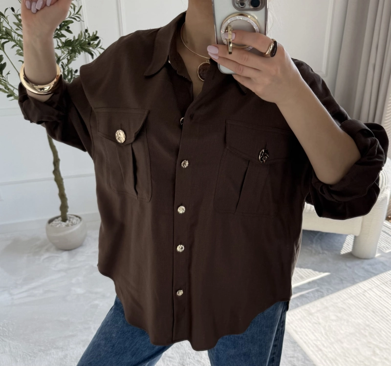 Koszula damska PREMIUM czekolada — tencel i len — zdjęcie 3
