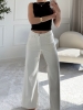 Spodnie damskie wide leg ecru — wysoki stan — zdjęcie 4