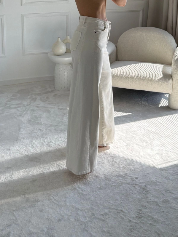 Spodnie damskie wide leg ecru — wysoki stan — zdjęcie 5