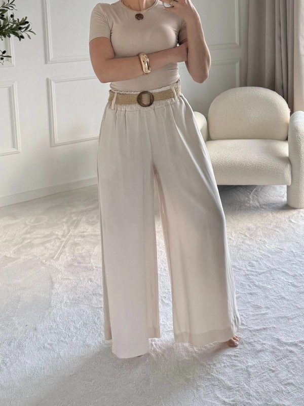 Beżowe spodnie damskie NINA szerokie — 100% tencel — zdjęcie 5