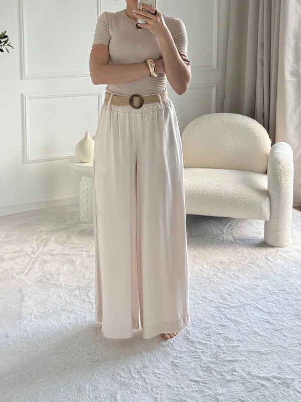 Beżowe spodnie damskie NINA szerokie — 100% tencel — zdjęcie 4