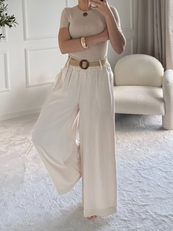 Beżowe spodnie damskie NINA szerokie — 100% tencel — zdjęcie 3