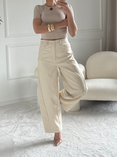 Spodnie damskie CREAM z efektem skóry — wanilia — zdjęcie 2
