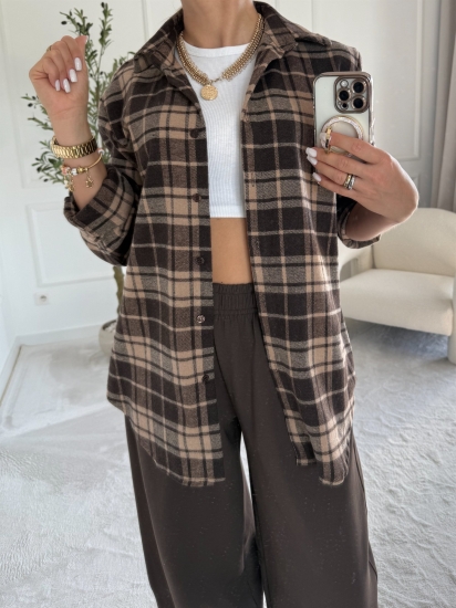 Koszula damska w kratę oversize FRIDA brąz – Noelia, przód, zbliżenie